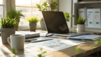 Burndown chart on a wooden desk with a laptop and coffee cup.