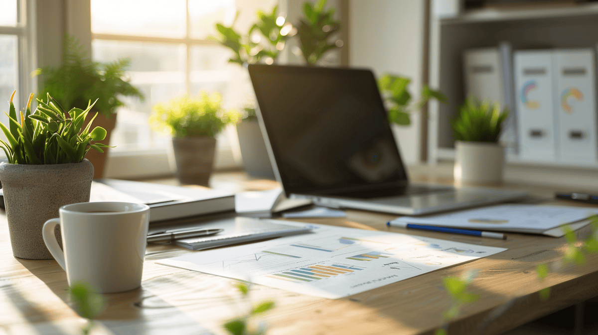 Burndown chart on a wooden desk with a laptop and coffee cup.