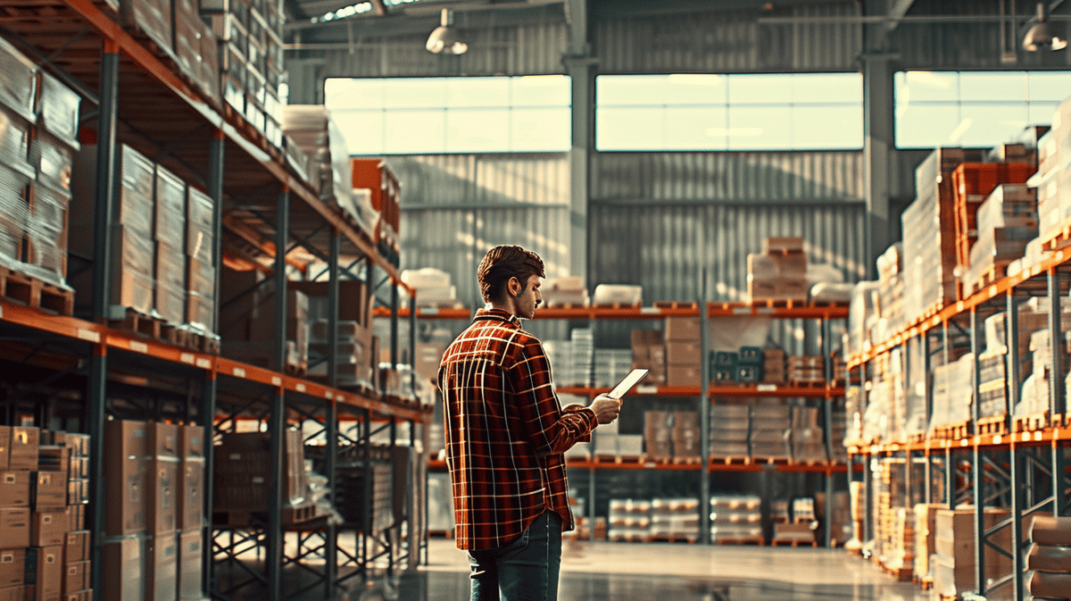 Business owner in smart casual attire analyzing inventory on a tablet in a bustling warehouse.