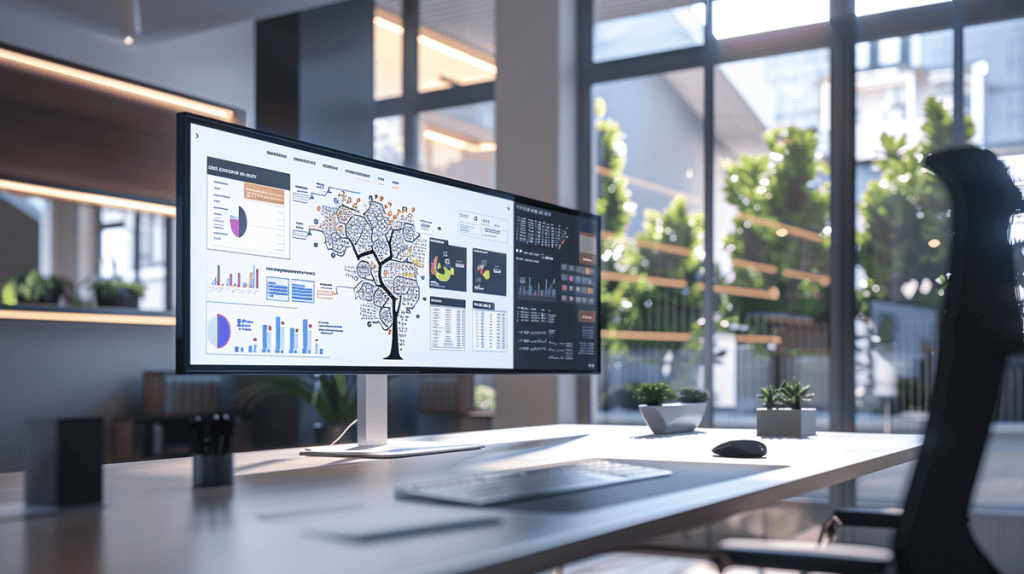 Intricate decision tree model on digital screen, surrounded by colorful algorithms charts in modern office.