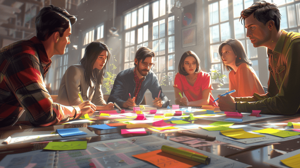 group of people collaborating around a table filled with sticky notes and markers.