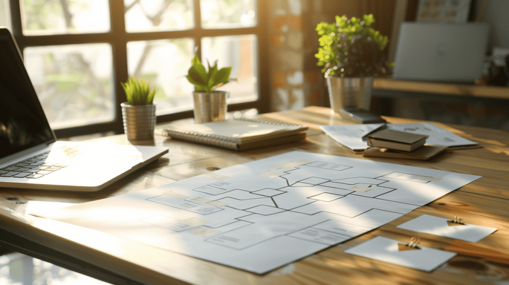 Decision tree diagram on a wooden table with notebook and laptop in office setting.