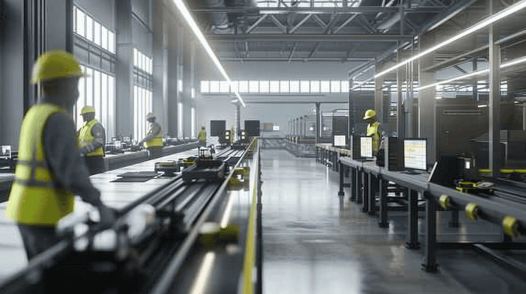 Workers in safety gear collaborating on an assembly line with modern machinery and production schedules.