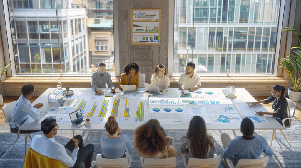 Diverse professionals collaborating around a table with charts in a modern office setting.