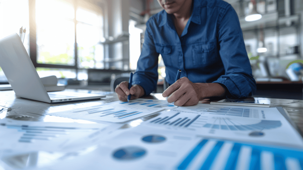 Project manager analyzing burndown charts at a desk with project management tools.