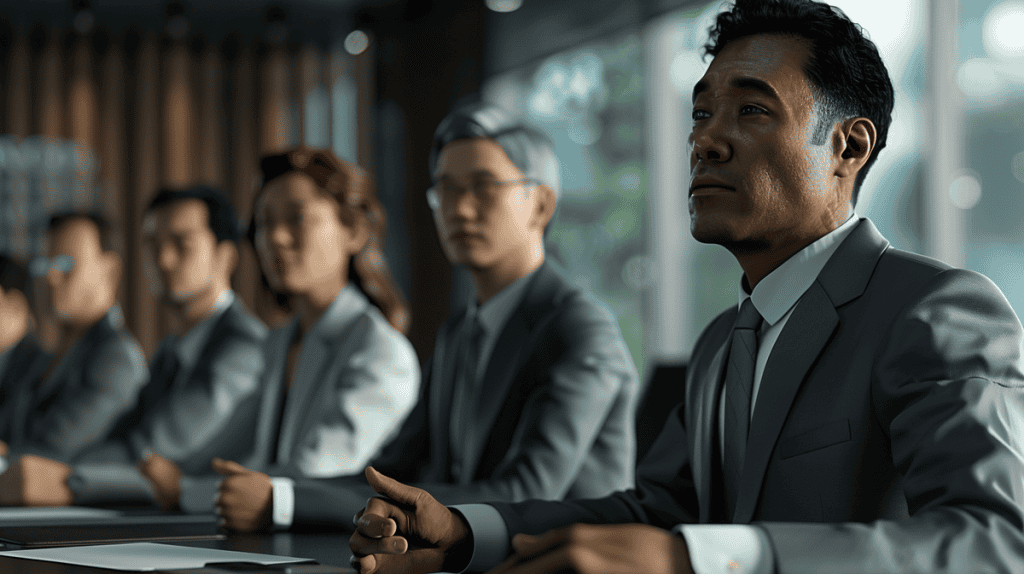 Diverse professionals in formal attire discussing performance evaluation in a modern conference room.