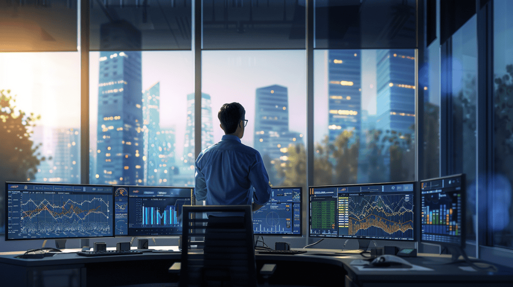 Power systems analyst in professional attire reviewing charts and diagrams in a modern office.