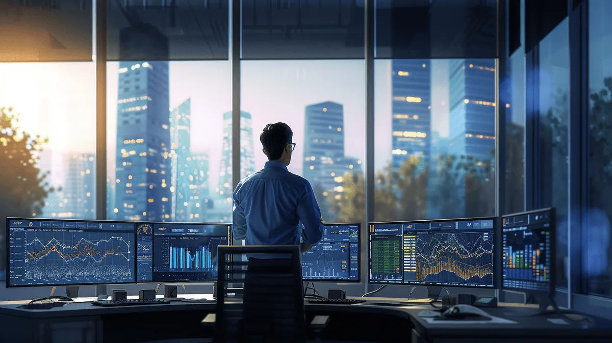 Power systems analyst in professional attire reviewing charts and diagrams in a modern office.