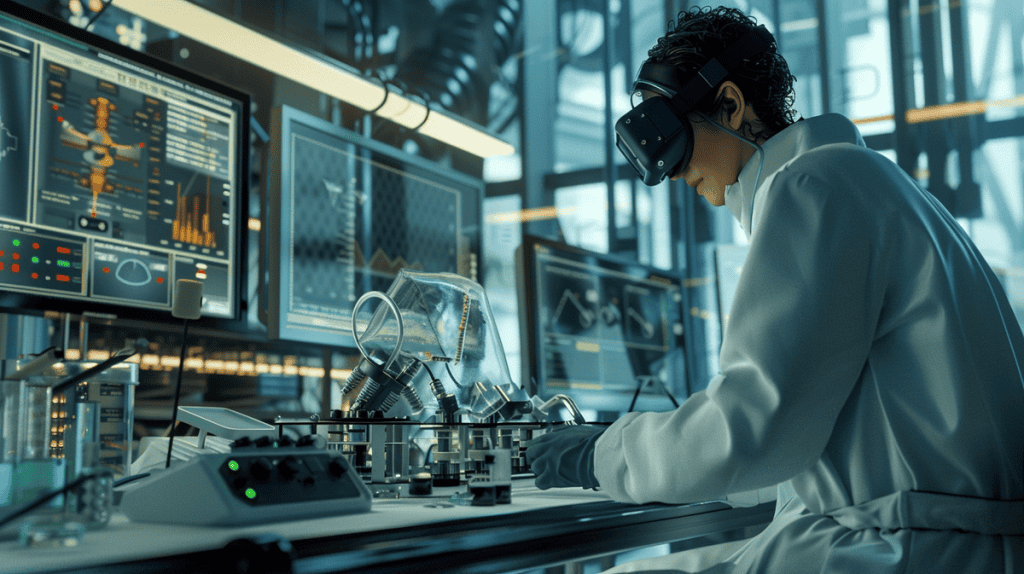 Scientist in lab coat analyzing velocity measurement data in a modern laboratory.