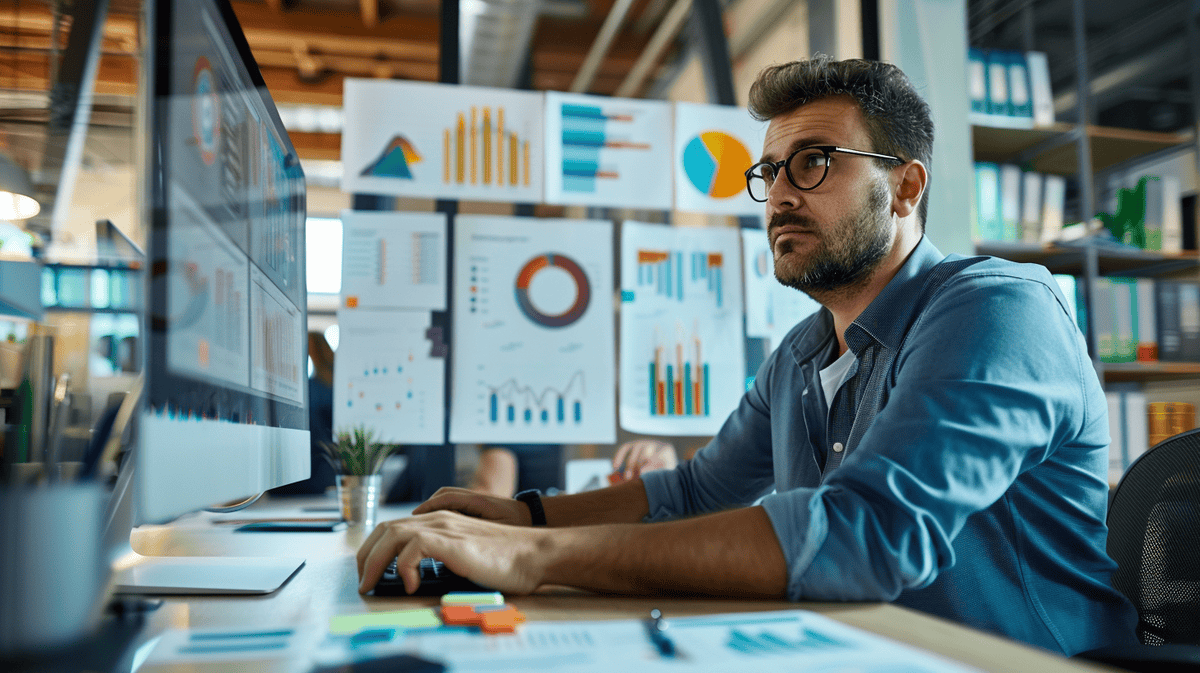 Engineer analyzing data at a cluttered desk, surrounded by graphs and technical equipment.