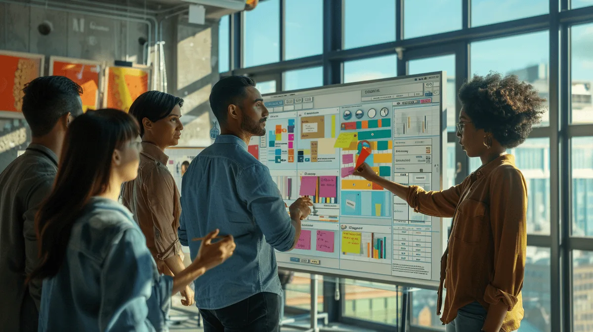 team of professionals collaborating at a whiteboard during a strategy session.