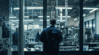 Industrial worker in dark blue jumpsuit setting up machinery in a modern factory.