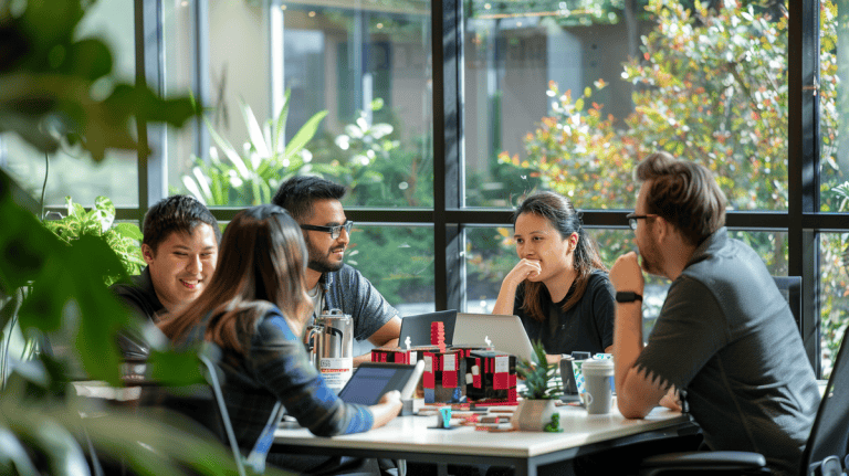 IT team members collaborating during a game session in a modern office.