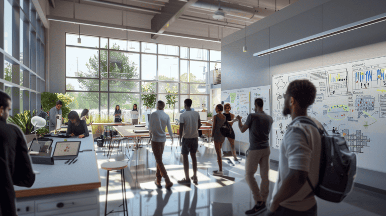 Collaborative workspace with diverse professionals brainstorming around whiteboards showcasing development diagrams.