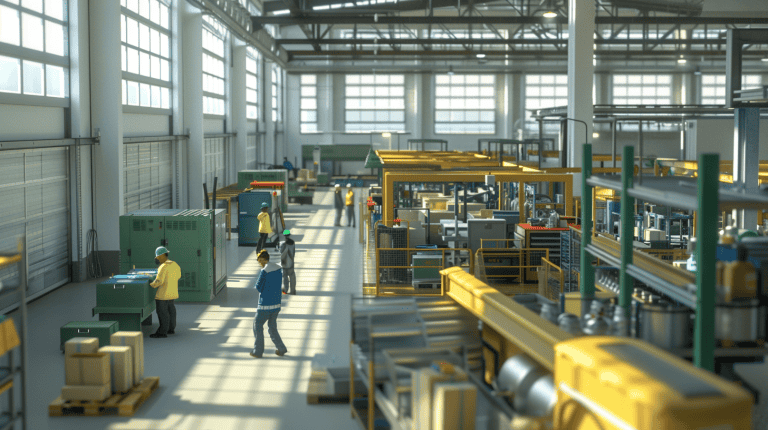 Busy manufacturing floor with workers in safety gear, showcasing efficient production and teamwork.