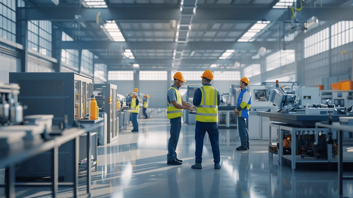 team of engineers in safety gear collaborating in a modern cellular manufacturing facility.