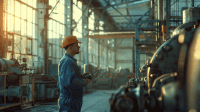 Industrial maintenance worker in blue jumpsuit using diagnostic tools on machinery in factory.