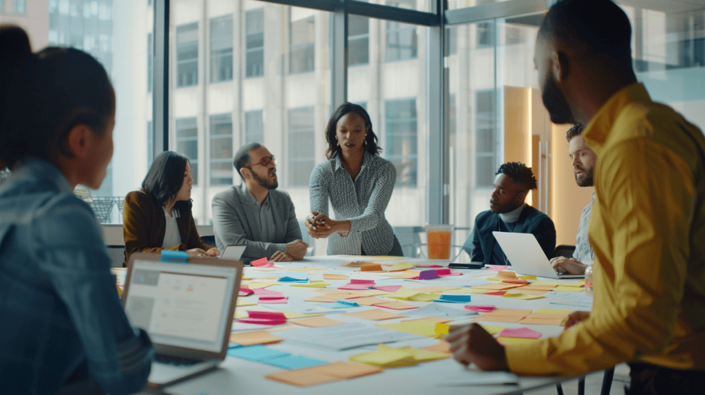 Diverse professionals collaborating during a vibrant Sprint Planning session with colorful sticky notes.