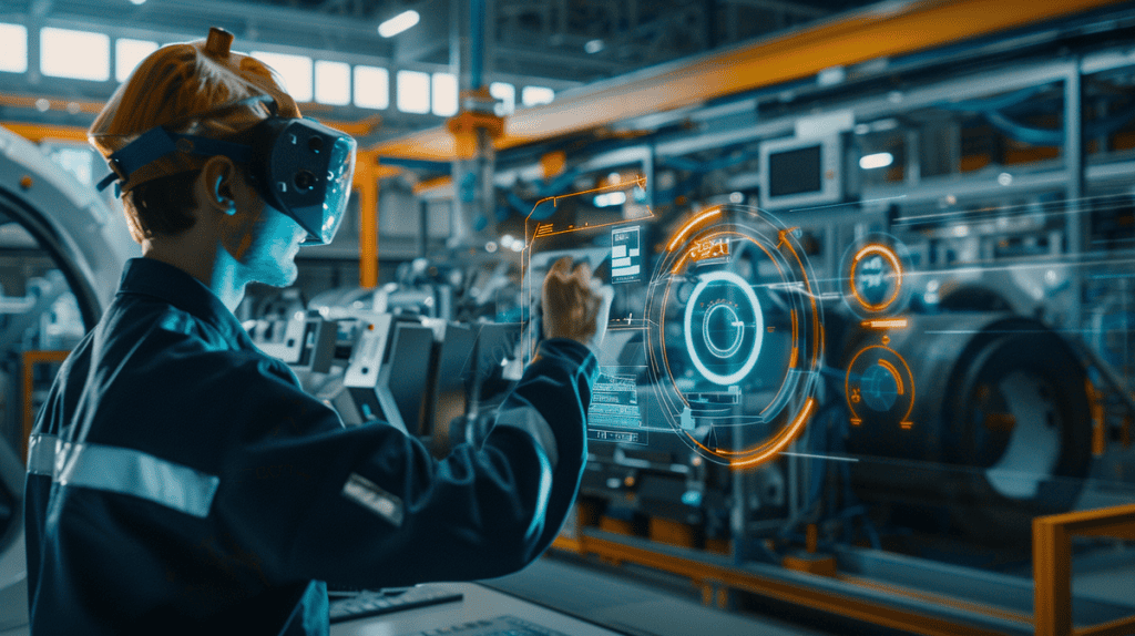 Technician interacting with holographic digital twin display on a modern factory floor.