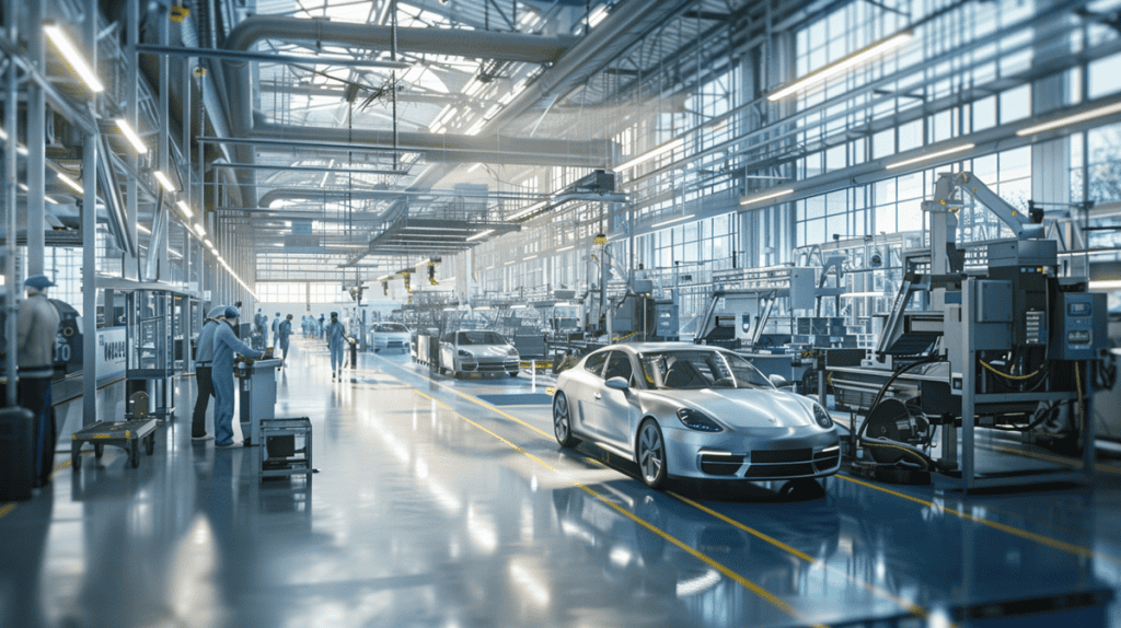 Modern factory production line with workers collaborating and checking digital displays for takt time.