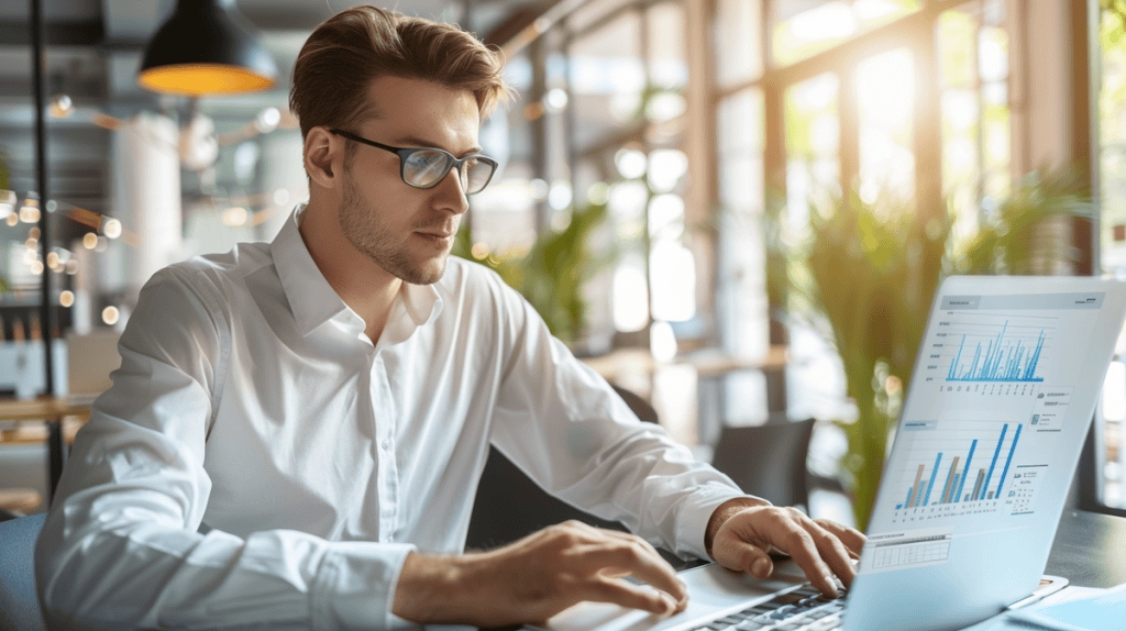 Business professional analyzing data at modern desk with charts and laptop in bright office.