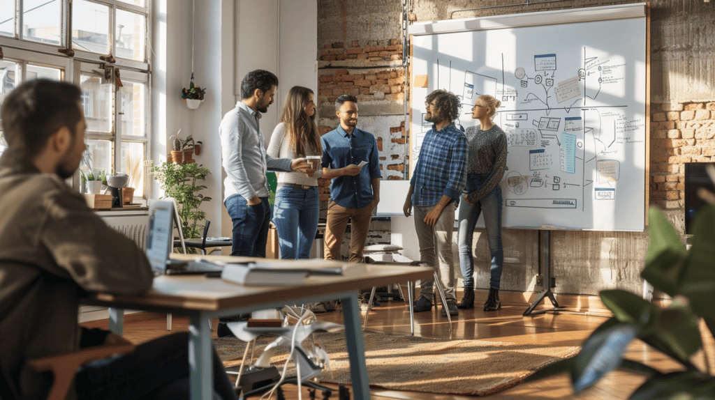 professionals collaborate around a whiteboard, discussing Behavior-Driven Development concepts in a modern office.