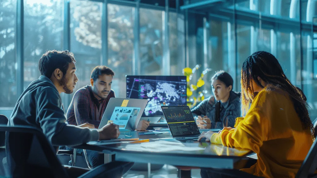 team of software engineers collaborating at a conference table with laptops and screens.