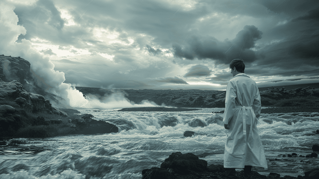 Scientist in lab coat measuring wind speed by a river with volcanoes in background.