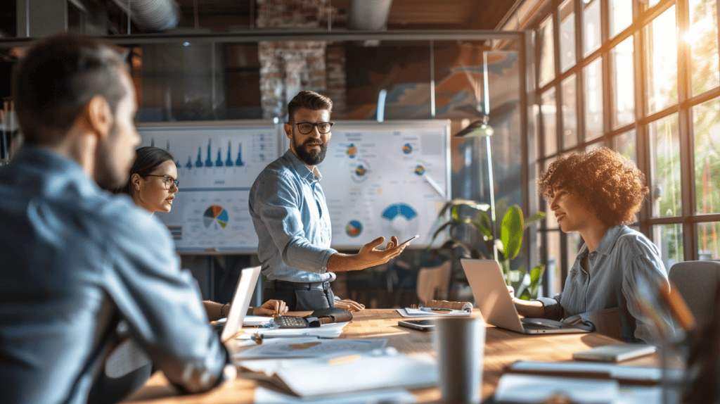 Agile Coach in business casual attire discussing with diverse team around conference table.