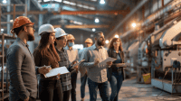 professionals conducting a Gemba walk in a busy manufacturing facility, observing operations.