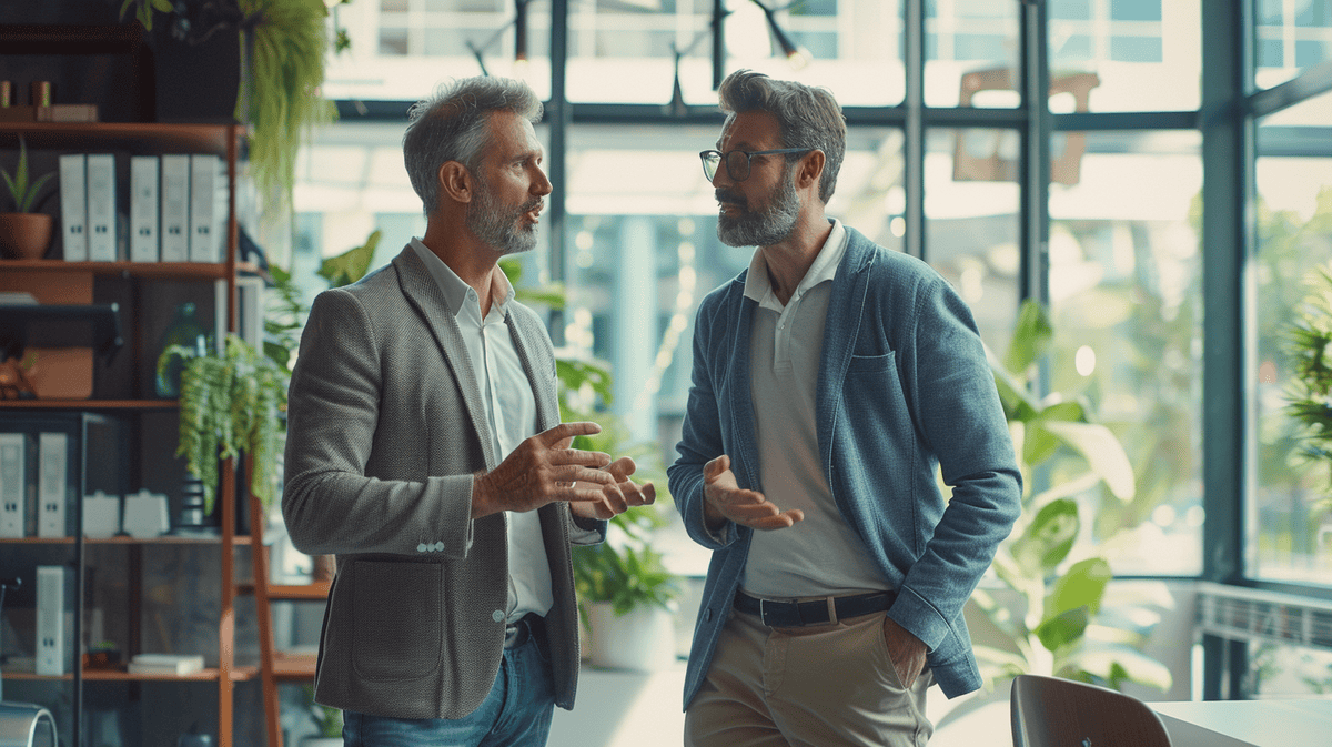 Agile coach and Scrum Master discuss ideas in a modern office setting.