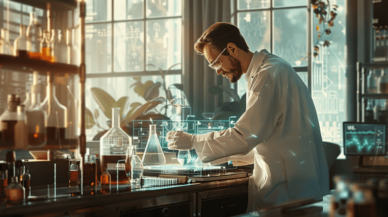 Scientist in lab coat analyzing data with a high-tech velocity measurement device in modern lab.