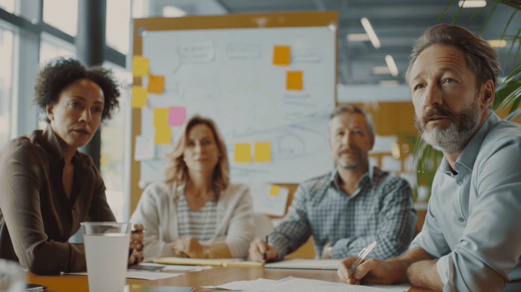 Diverse Scrum team members discussing strategies at a modern conference table with a whiteboard.