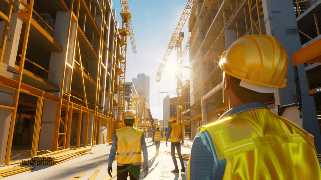 Construction site showcasing lean principles with diverse workers collaborating and modern tools.