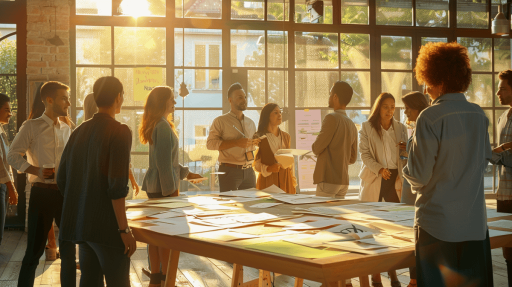 Diverse professionals collaborating in a modern office during a Kaizen event with charts.