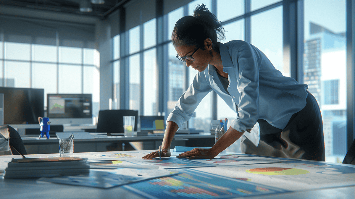 Person focused on decision tree analysis in a modern office, surrounded by charts and diagrams.