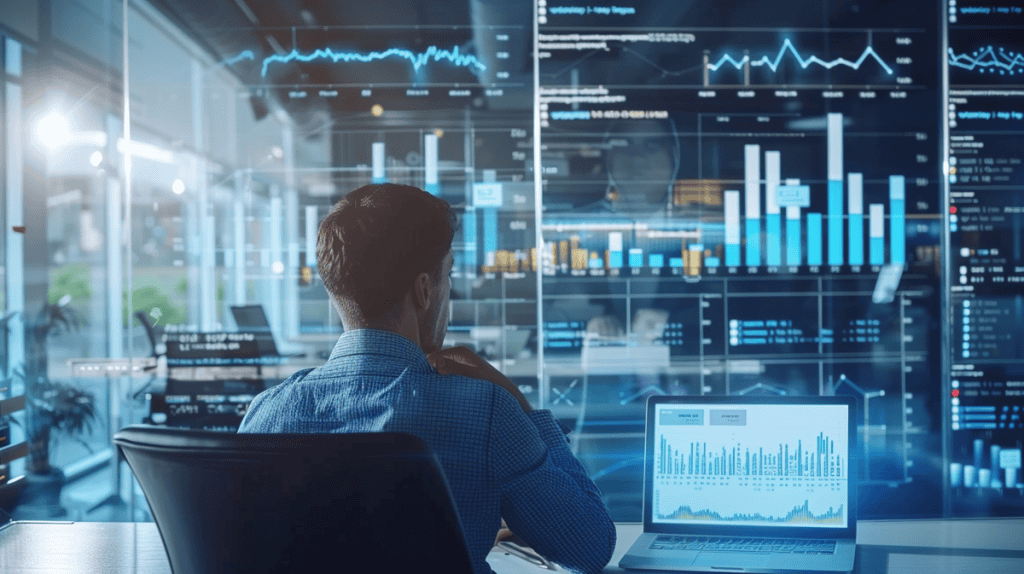 Researcher analyzing Item Response Theory data with charts and graphs in a modern office.