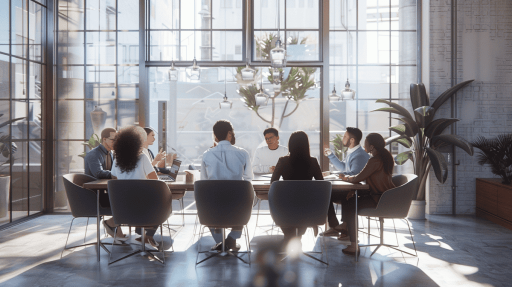 Diverse professionals engaged in discussion around a conference table with charts and diagrams.