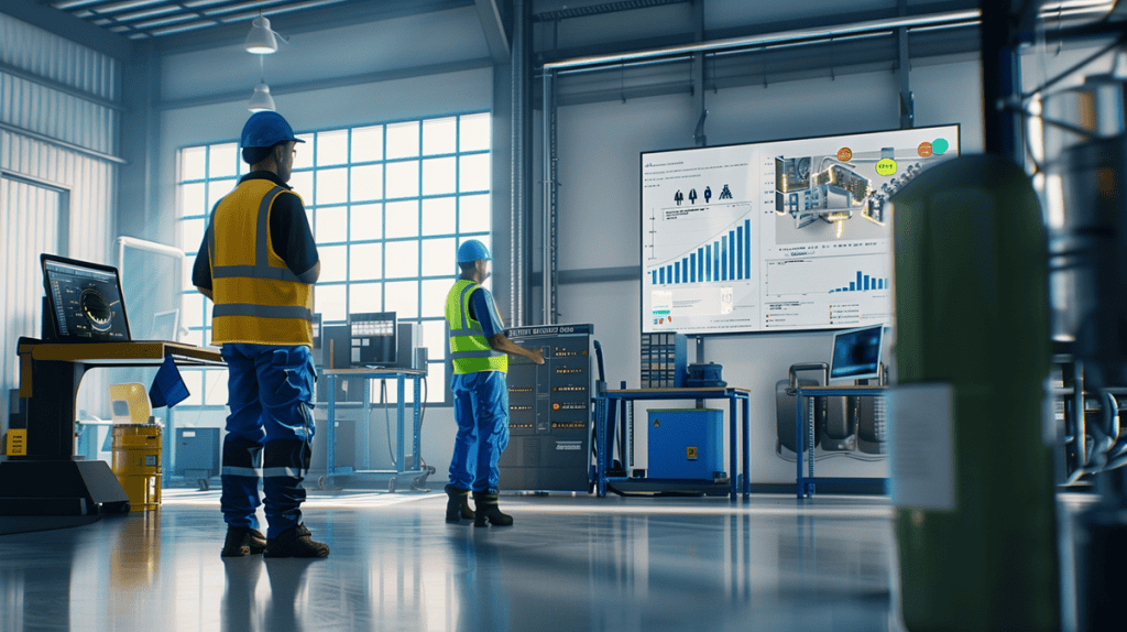 Modern workshop with two mechanics discussing maintenance, surrounded by tools and data display.