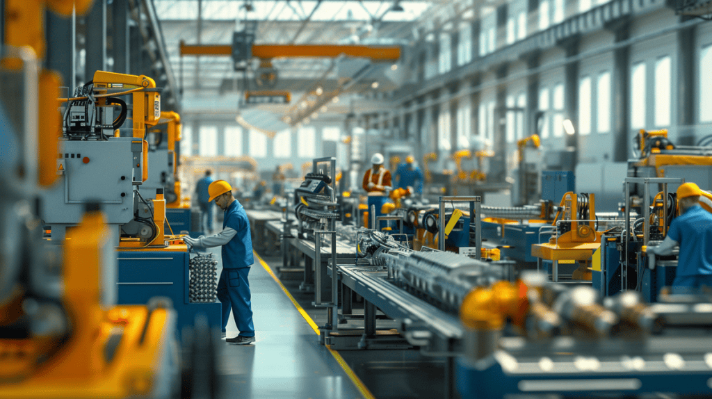 Busy factory floor with workers switching machinery setups, showcasing efficient teamwork and an observing engineer.