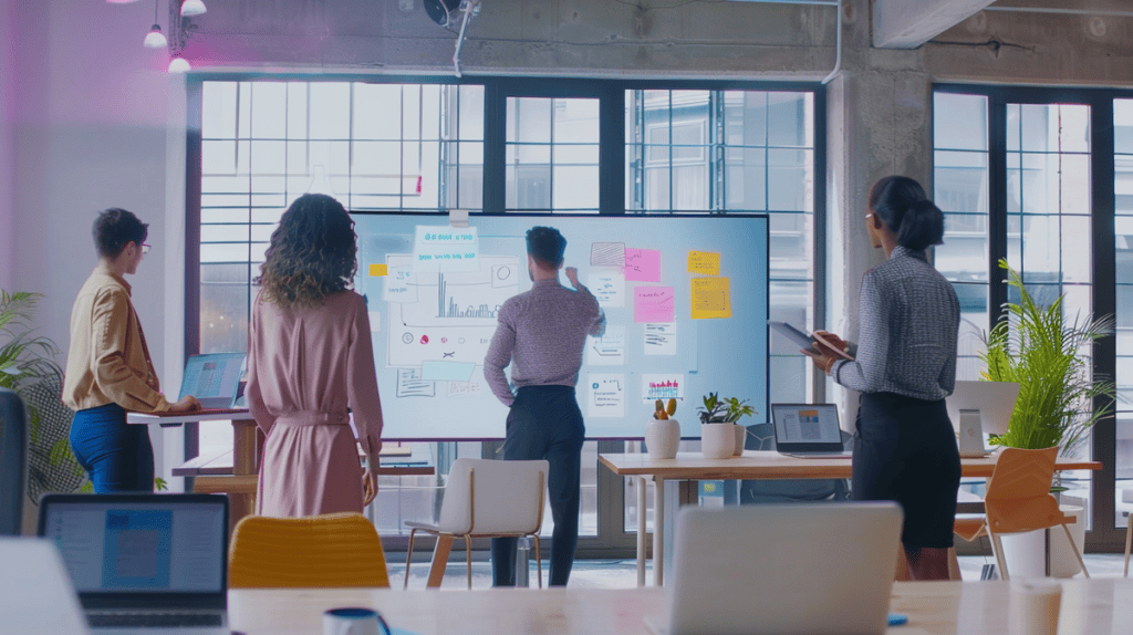 agile team collaborating with laptops, tablets, and a virtual whiteboard in a modern office.