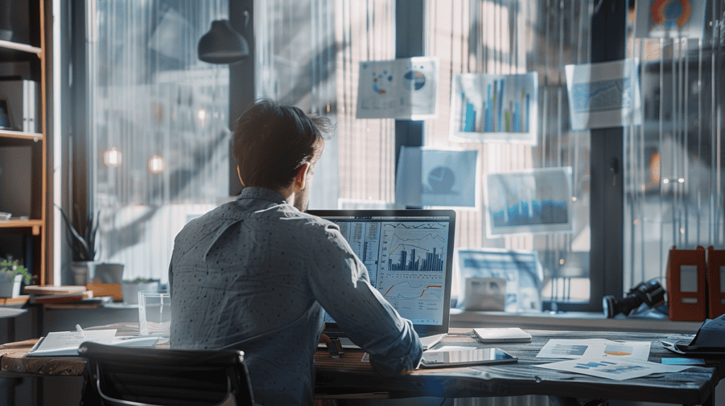 Focused researcher analyzing critical incident data on a laptop at a modern desk.