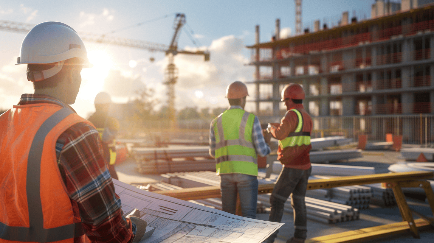 Construction workers in helmets and vests collaborating around a blueprint table, showcasing lean construction.