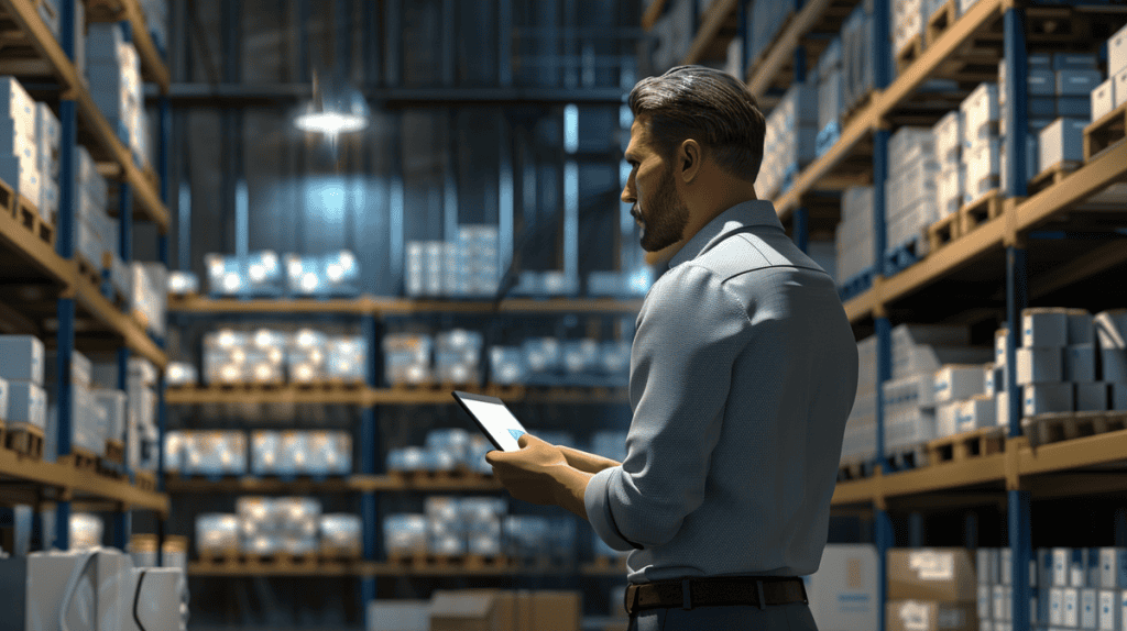 Professional inventory manager analyzing stock levels on a tablet in a modern warehouse.