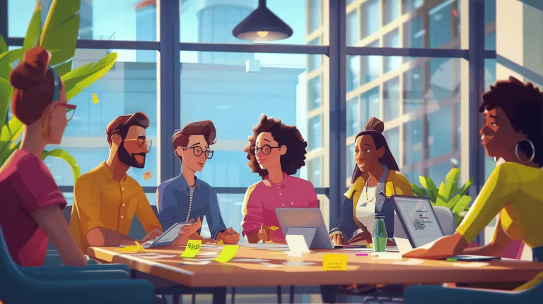 professionals collaborating at a conference table with sticky notes and digital devices.