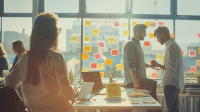 Diverse team in a modern office engaged in a focused Scrum meeting with sticky notes.