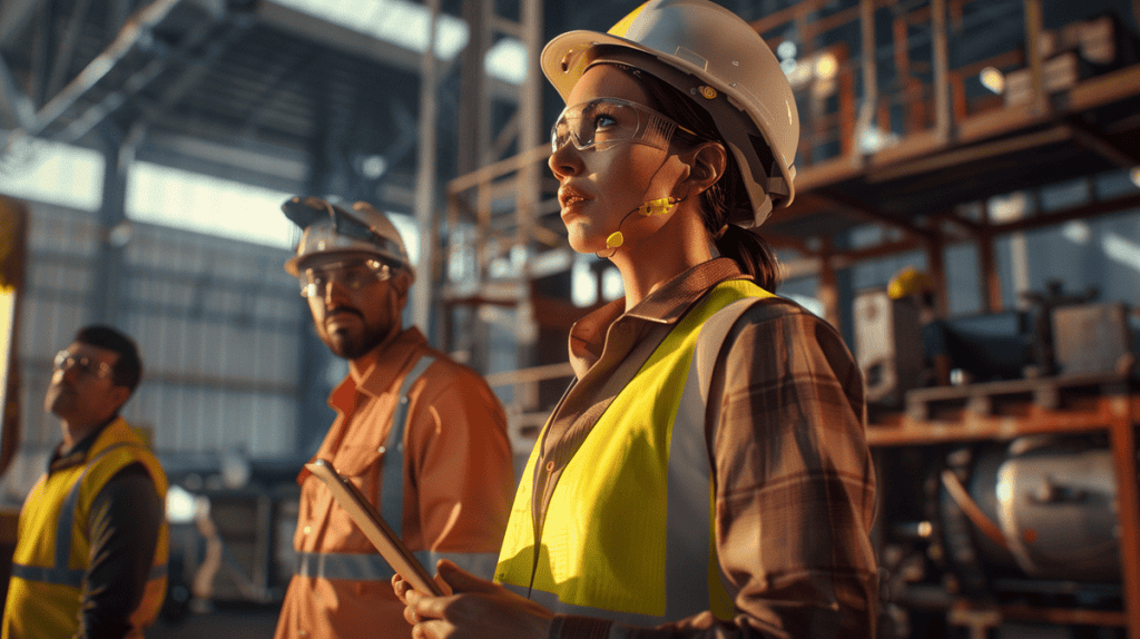 professionals on a Gemba Walk in a modern manufacturing facility, observing equipment attentively.