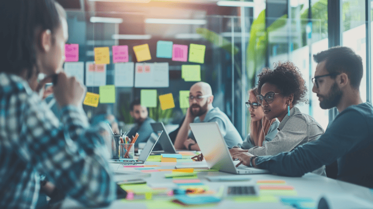 Diverse team in smart casual attire collaborating during a sprint planning session at a table.