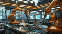 Robotic arms and human operators collaborating in a modern factory environment with advanced machinery.