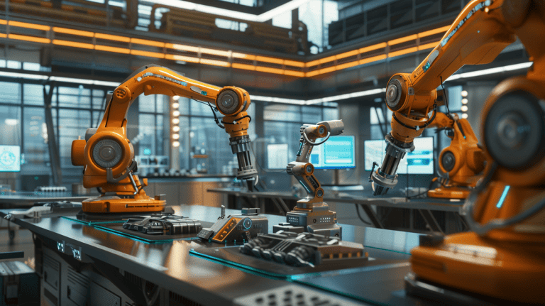 Robotic arms and human operators collaborating in a modern factory environment with advanced machinery.